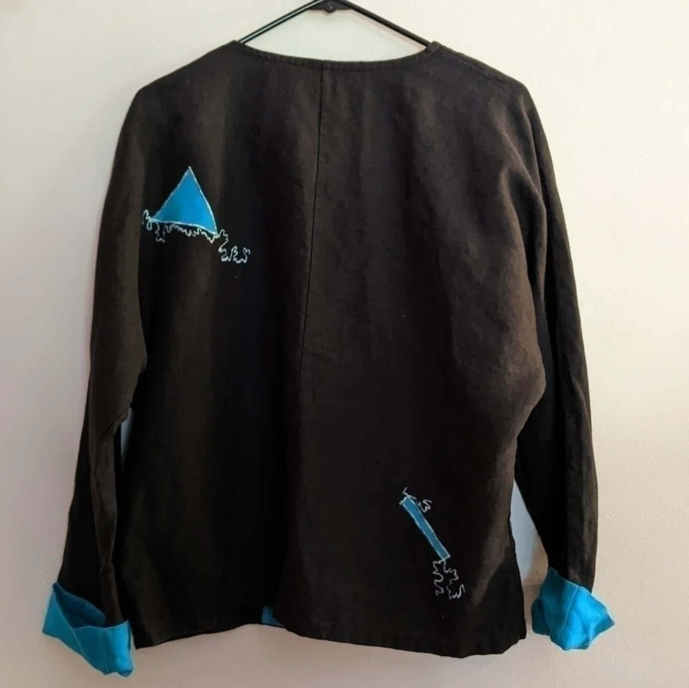 Vintage 80s/90s Embroidered Jacket Black and Turquoise Large